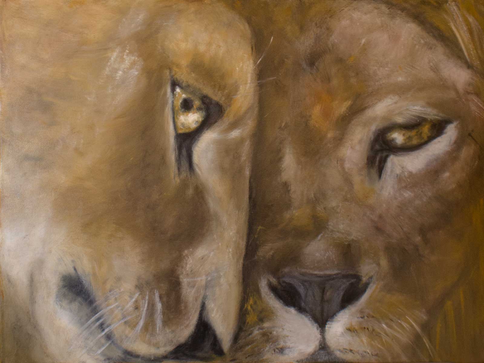 lion oil painting on canvas, wildlife art with two lions portrait